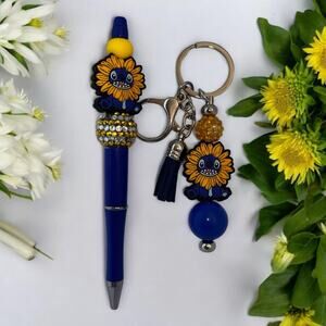 Sunflower Stitch Handmade Beaded Ballpoint Pen & Matching Keychain
